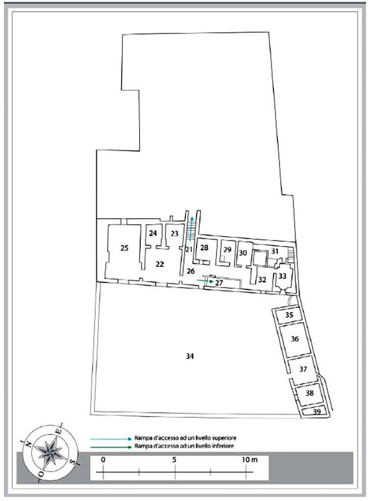 VII.16.17 Pompeii. Casa di Maius Castricius. Plan of second lower level floor. 

Plan M. Notomista and E. Piccirilli. 

See Varriale I., VII 16, Insula Occidentalis, 17, Casa di Maius Castricius in Aoyagi M., Pappalardo U., 2006. Pompei (Regiones VI-VII) Insula Occidentalis. Napoli: Valtrend, p 427, Tav. 13. 